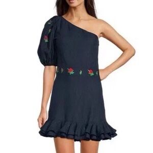 Fanm Mon Flame Linen One Sleeve Ruffle Hem Floral Embroidery Mini Dress Medium